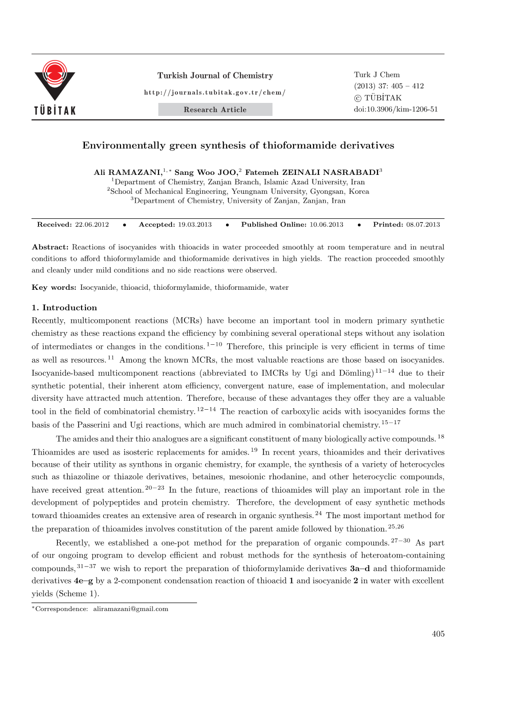 Environmentally Green Synthesis of Thioformamide Derivatives