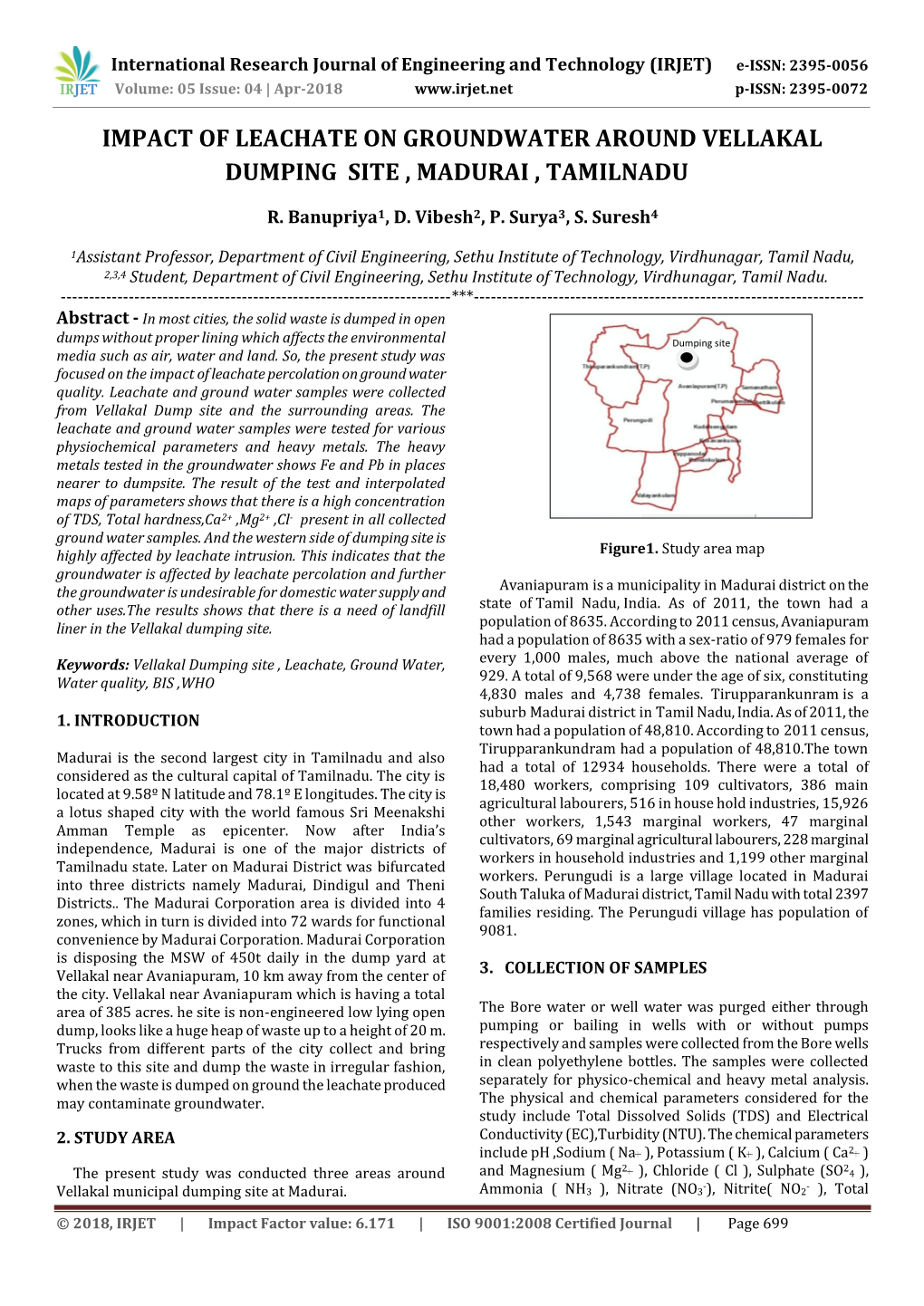 Impact of Leachate on Groundwater Around Vellakal Dumping Site , Madurai , Tamilnadu