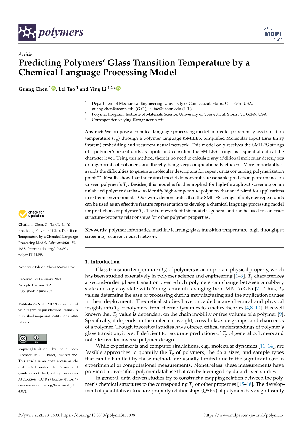 Predicting Polymers' Glass Transition Temperature by a Chemical