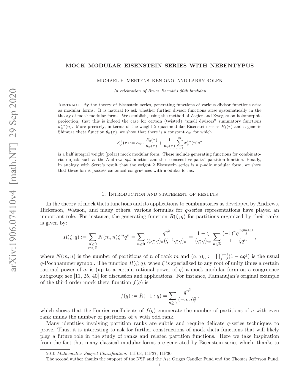 Arxiv:1906.07410V4 [Math.NT] 29 Sep 2020 Ainlpwrof Power Rational Ftetidodrmc Ht Function Theta Mock Applications