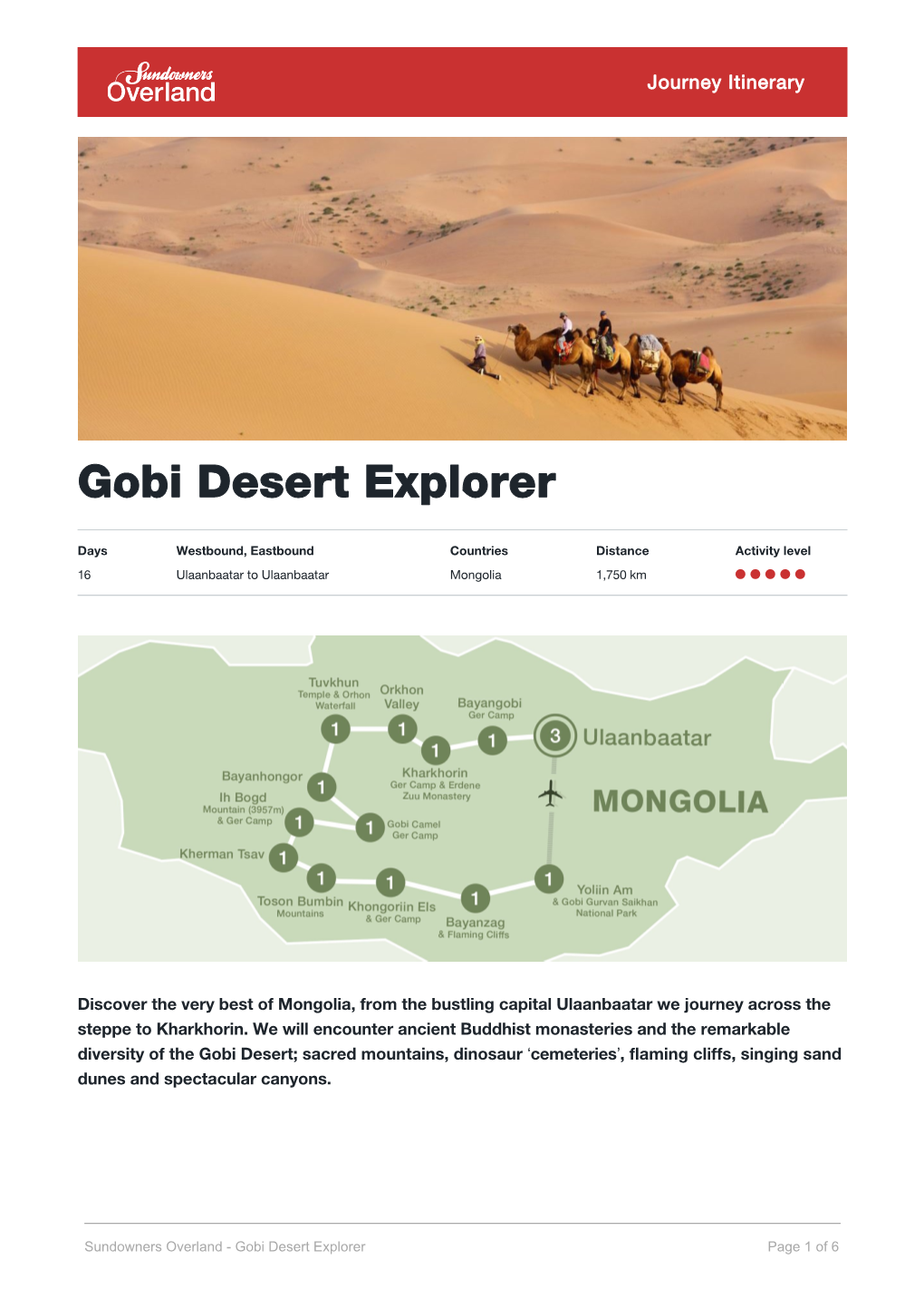 Sundowners Overland - Gobi Desert Explorer Page 1 of 6 Itinerary