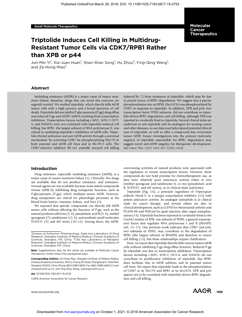 Triptolide Induces Cell Killing in Multidrug- Resistant Tumor Cells