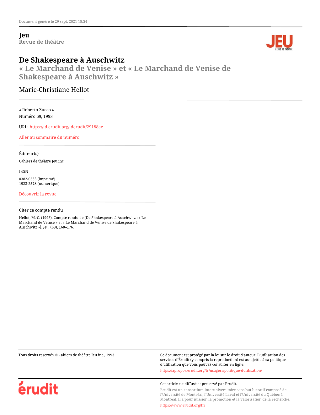 Le Marchand De Venise » Et « Le Marchand De Venise De Shakespeare À Auschwitz » Marie-Christiane Hellot