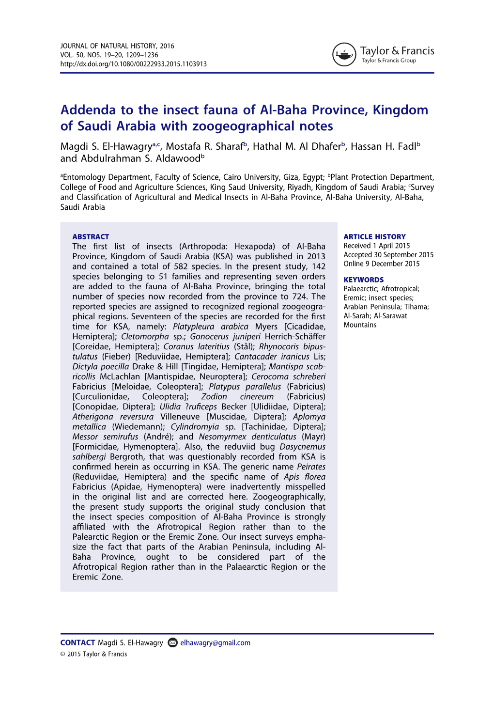 Addenda to the Insect Fauna of Al-Baha Province, Kingdom of Saudi Arabia with Zoogeographical Notes Magdi S