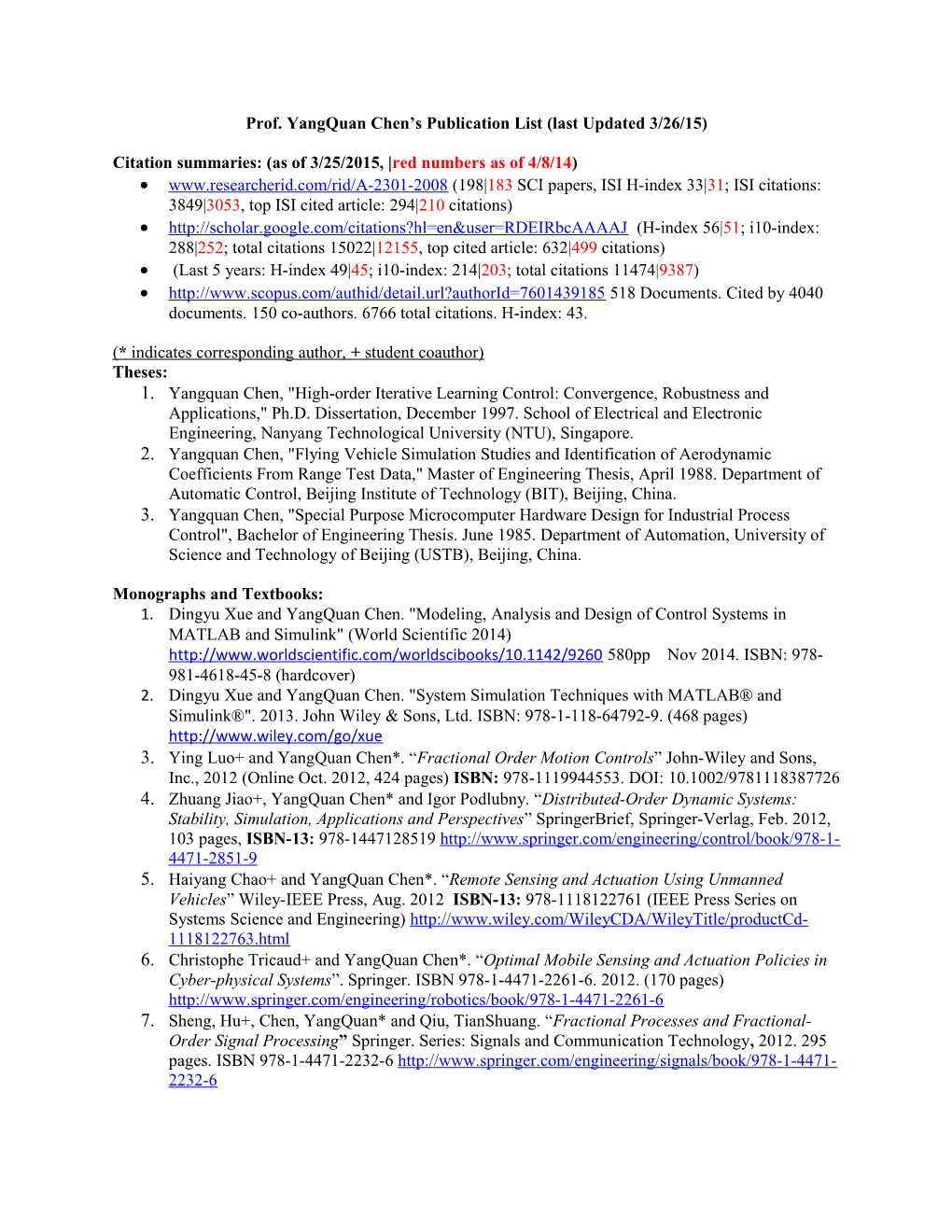 Prof. Yangquan Chen S Publication List (Last Updated 3/26/15)