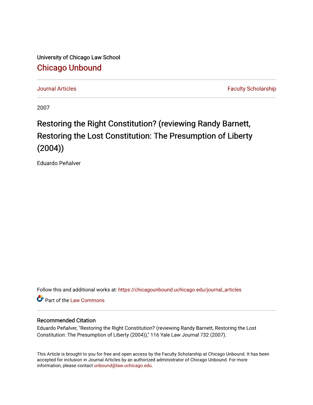 Reviewing Randy Barnett, Restoring the Lost Constitution: the Presumption of Liberty (2004