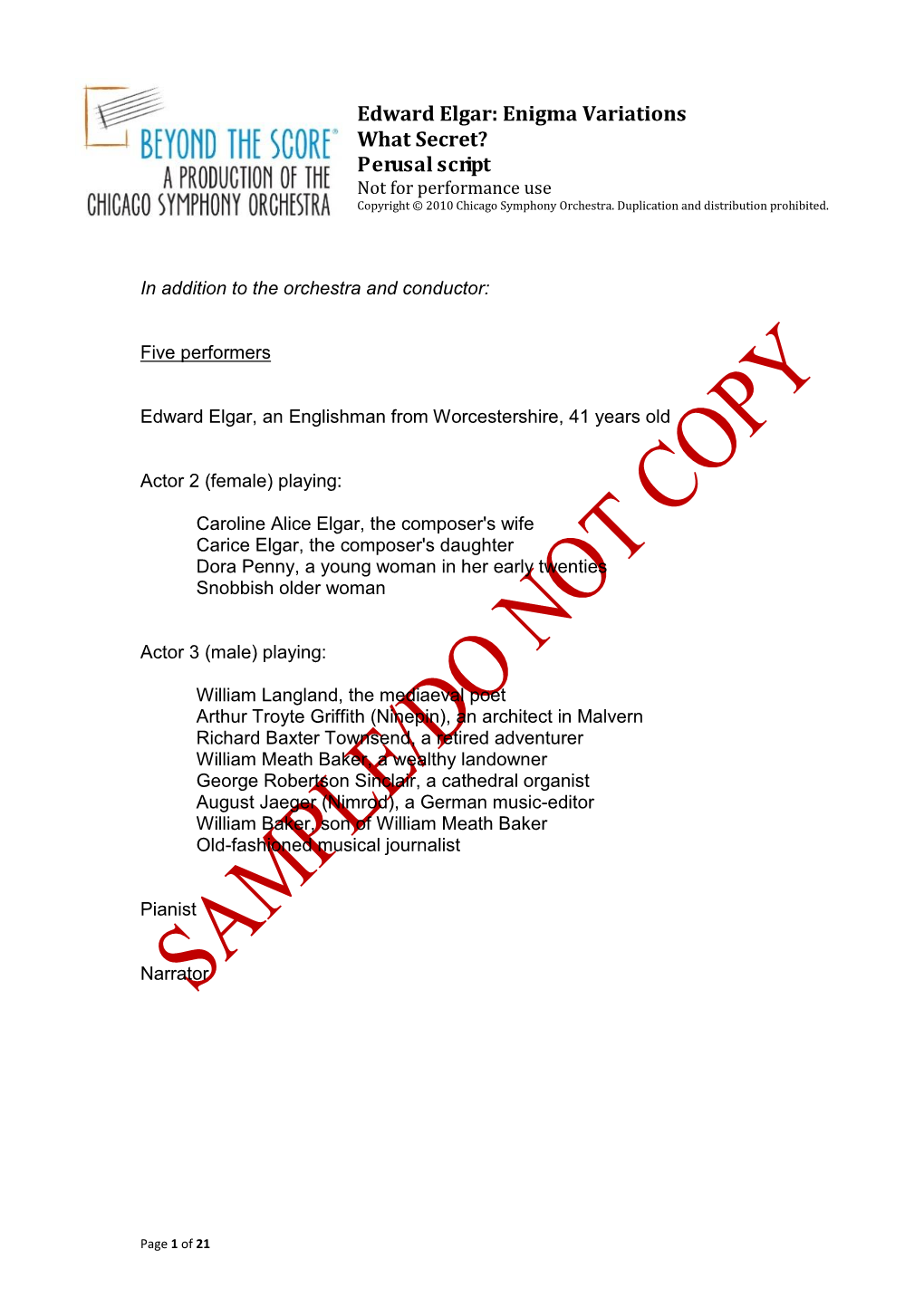 Edward Elgar: Enigma Variations What Secret? Perusal Script Not for Performance Use Copyright © 2010 Chicago Symphony Orchestra