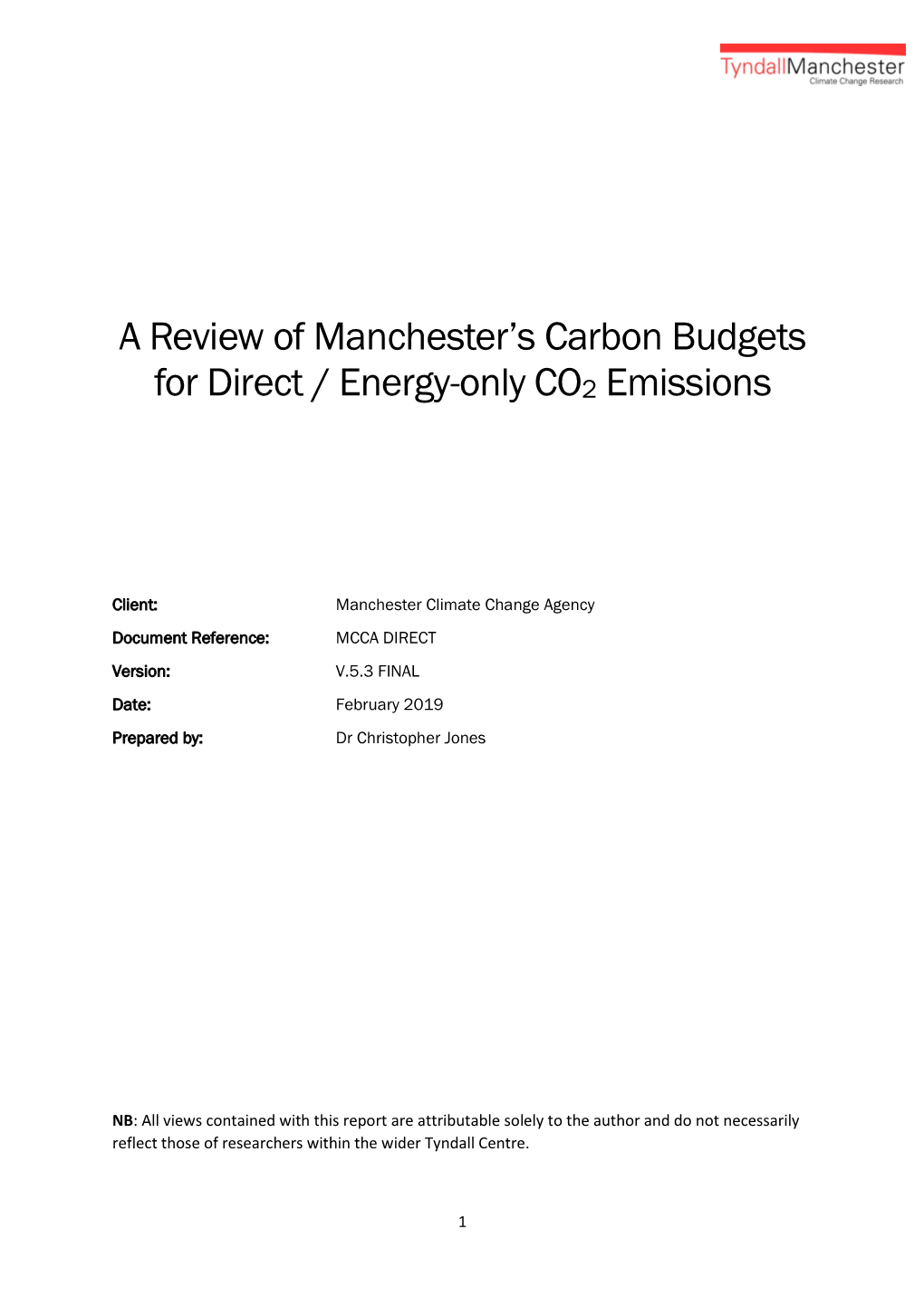 A Review of Manchester's Carbon Budgets for Direct / Energy-Only