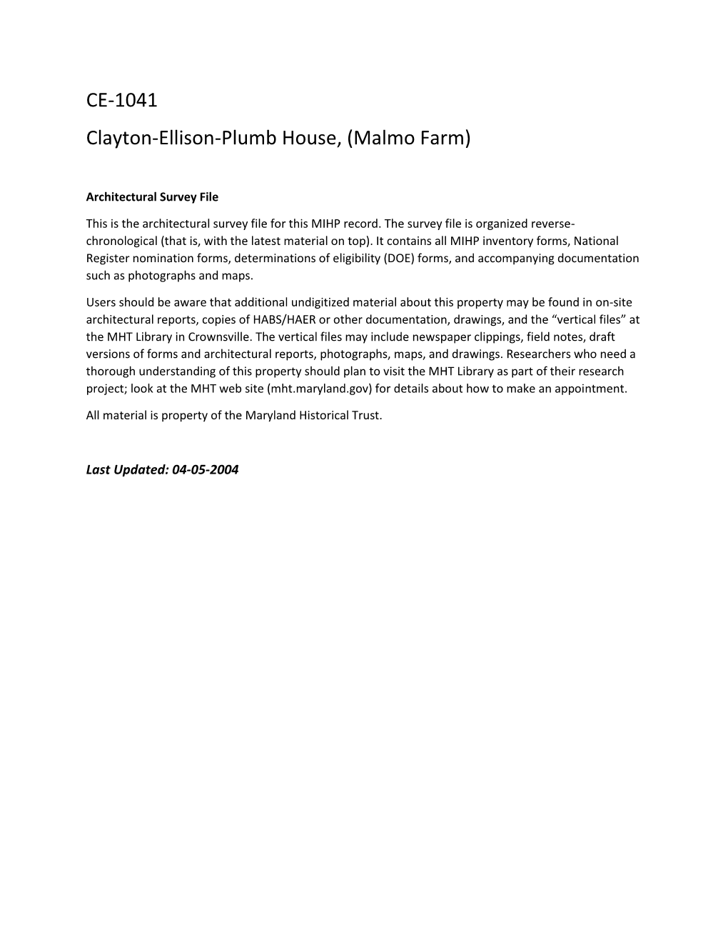 CE-1041 Clayton-Ellison-Plumb House, (Malmo Farm)