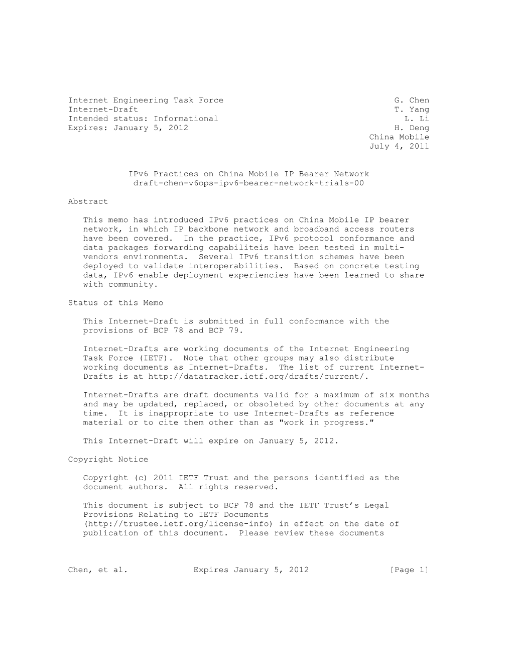 Internet Engineering Task Force G. Chen Internet-Draft T