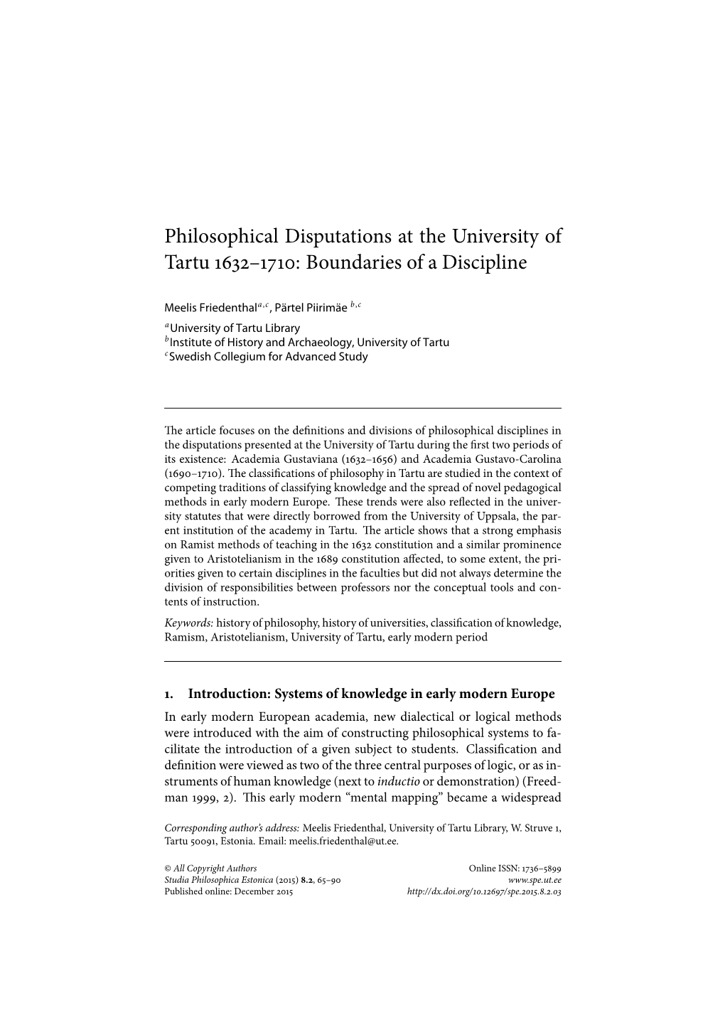 Philosophical Disputations at the University of Tartu – : Boundaries Of