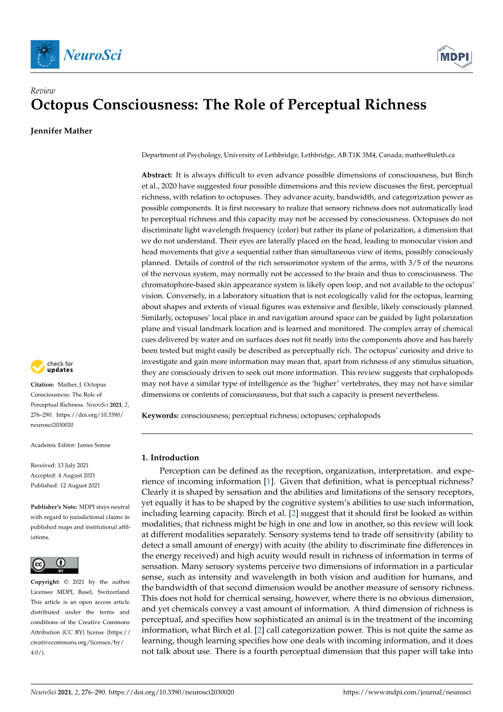 Octopus Consciousness: the Role of Perceptual Richness