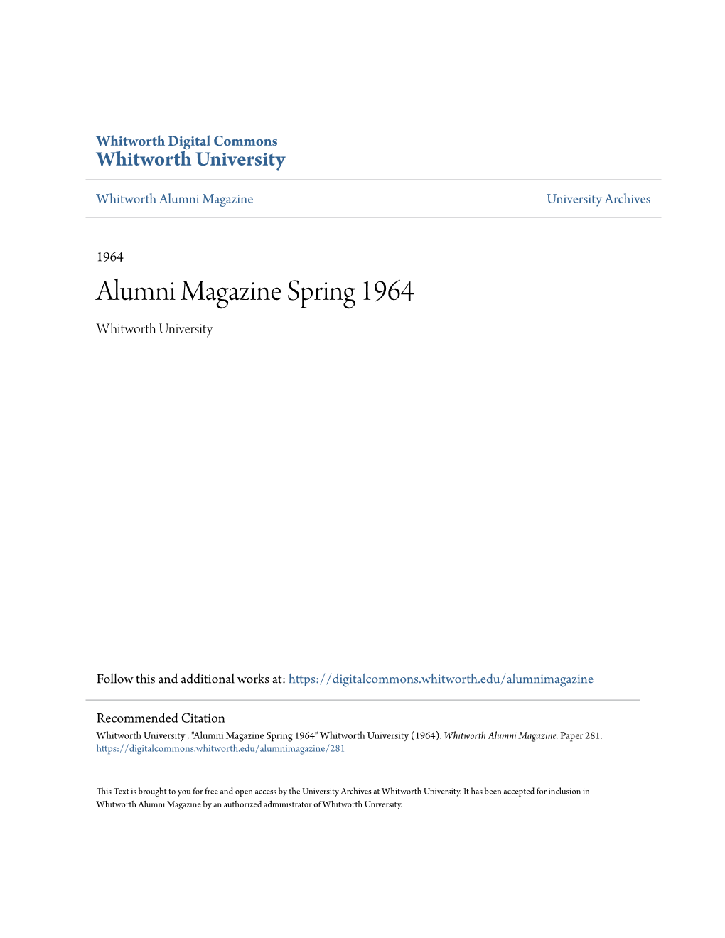 Alumni Magazine Spring 1964 Whitworth University