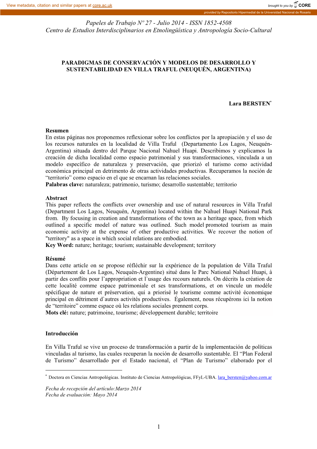 Julio 2014 - ISSN 1852-4508 Centro De Estudios Interdisciplinarios En Etnolingüística Y Antropología Socio-Cultural