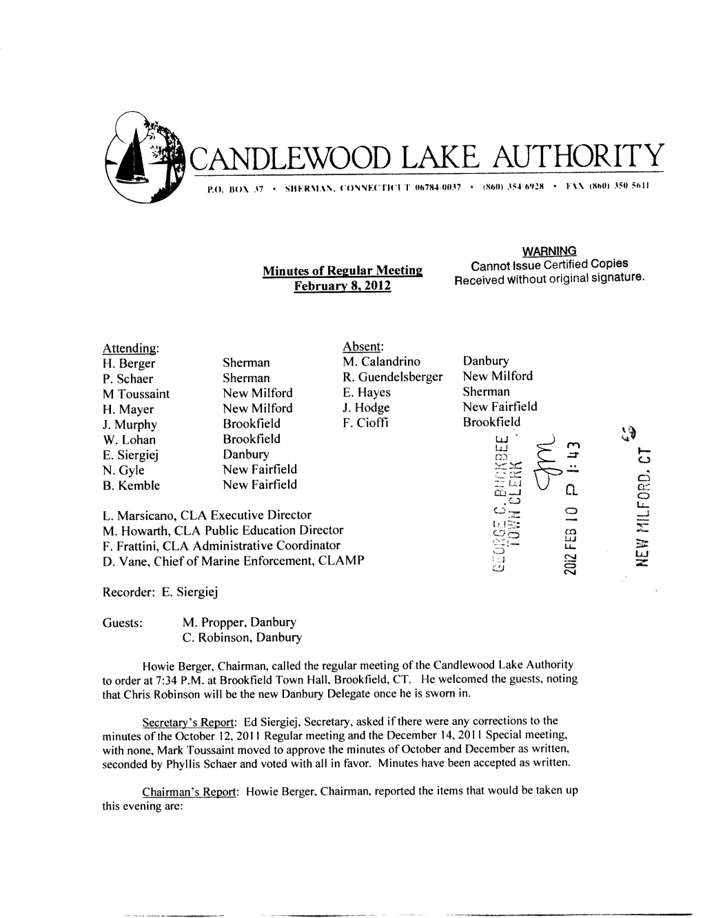 Candlewood Lake Authority to Order at 7:34 P.M