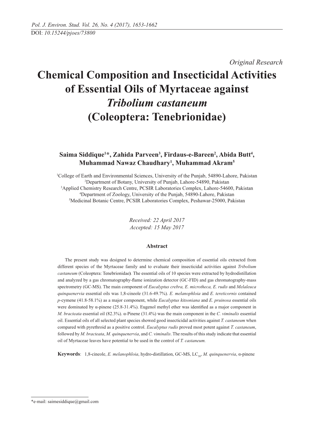 Chemical Composition and Insecticidal Activities of Essential Oils of Myrtaceae Against Tribolium Castaneum (Coleoptera: Tenebrionidae)