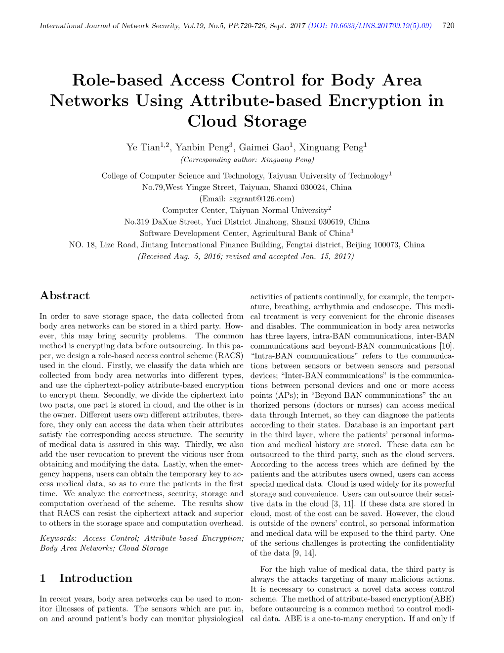 Role-Based Access Control for Body Area Networks Using Attribute-Based Encryption in Cloud Storage