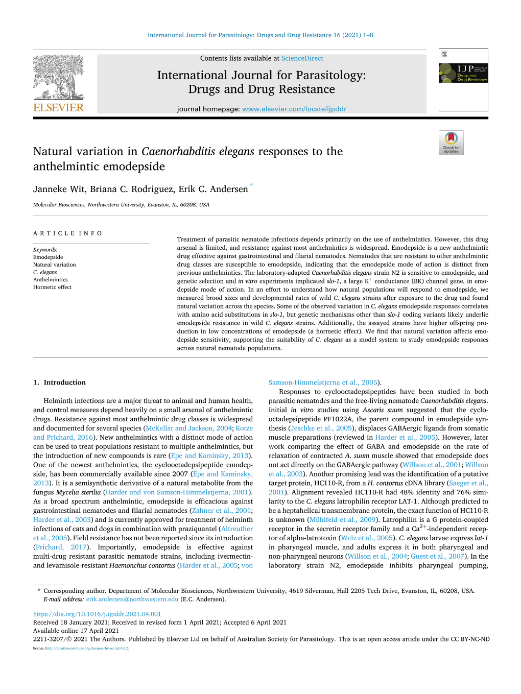 Natural Variation in Caenorhabditis Elegans Responses to the Anthelmintic Emodepside