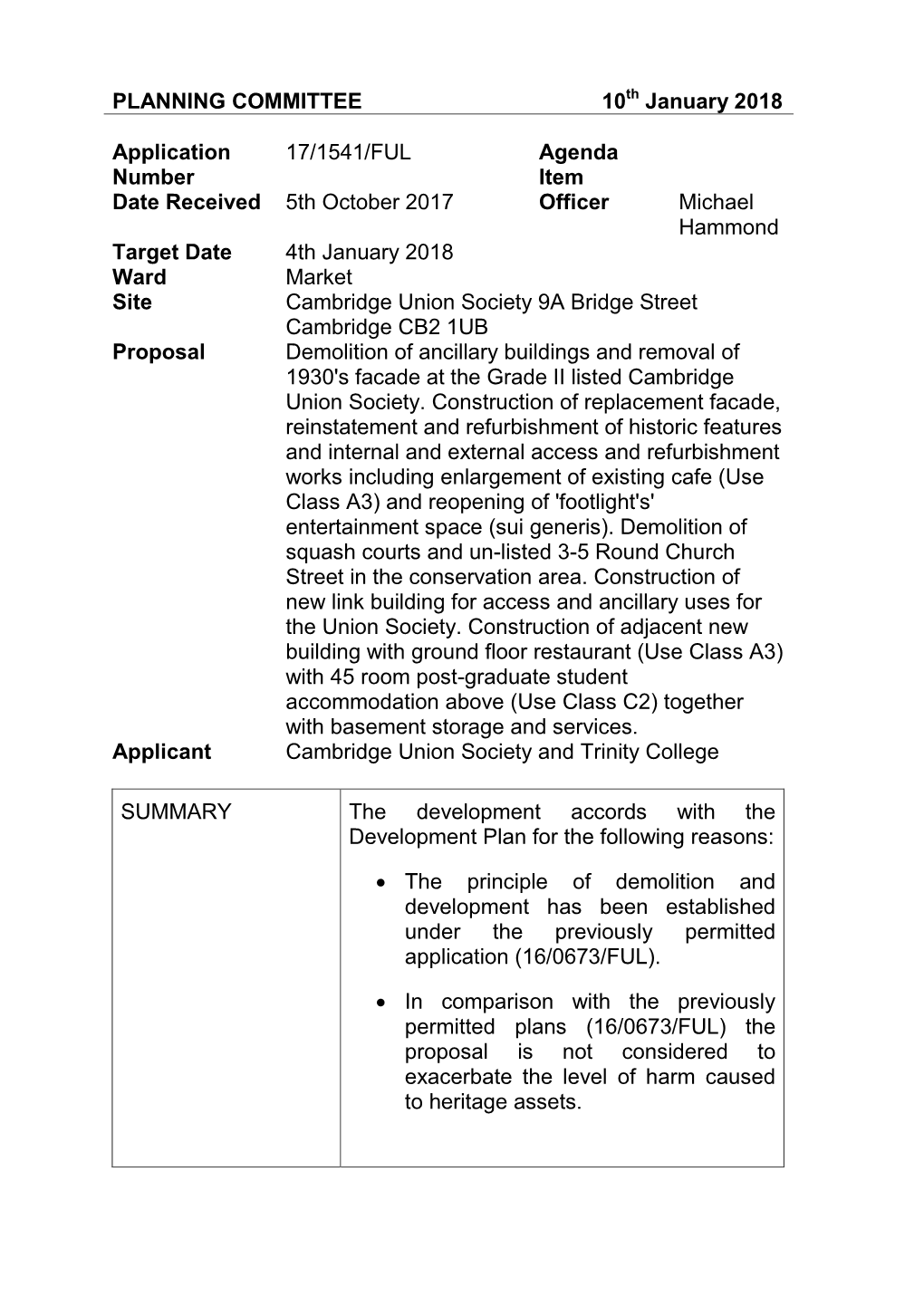 PLANNING COMMITTEE 10 January 2018 Application Number 17/1541