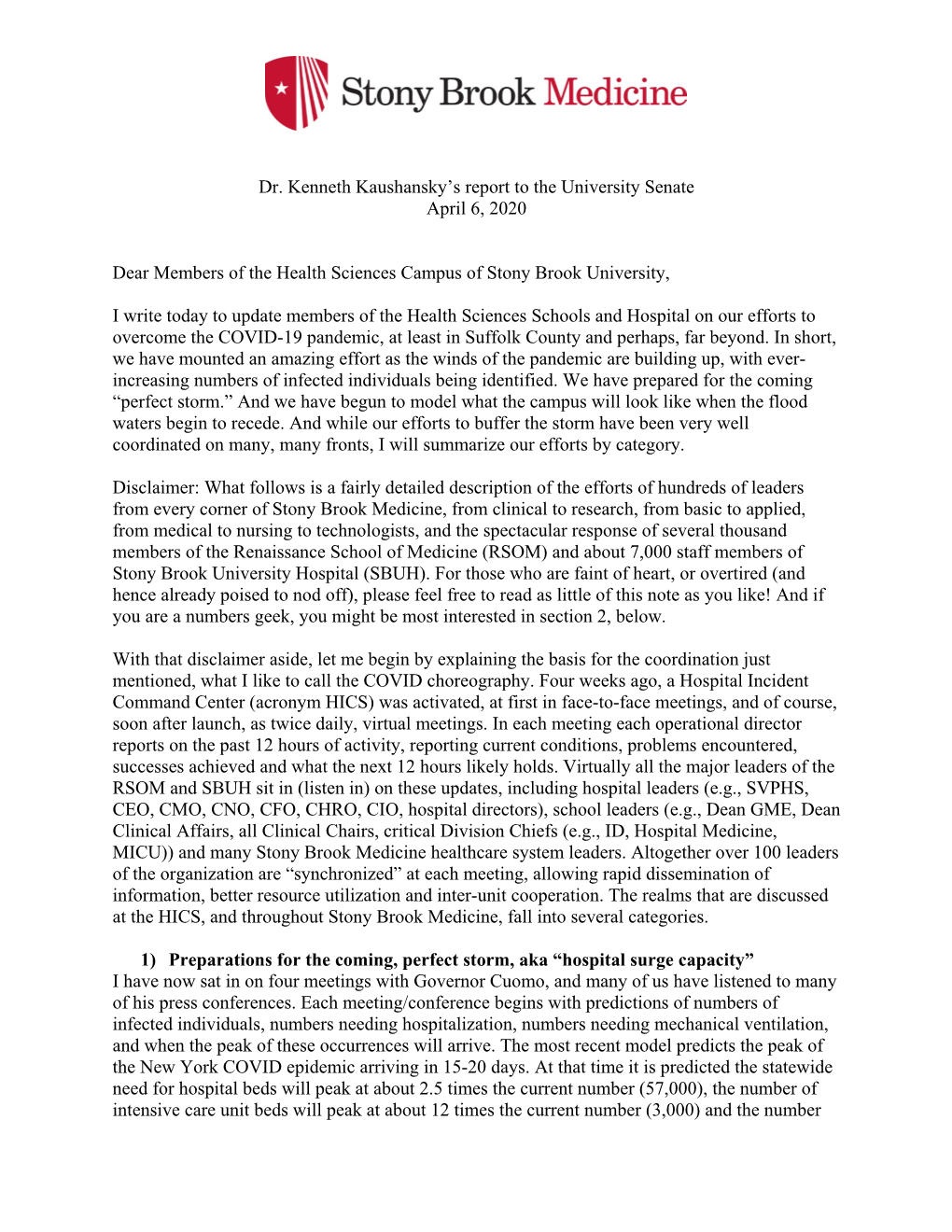 Dr. Kenneth Kaushansky's Report to the University Senate April 6, 2020