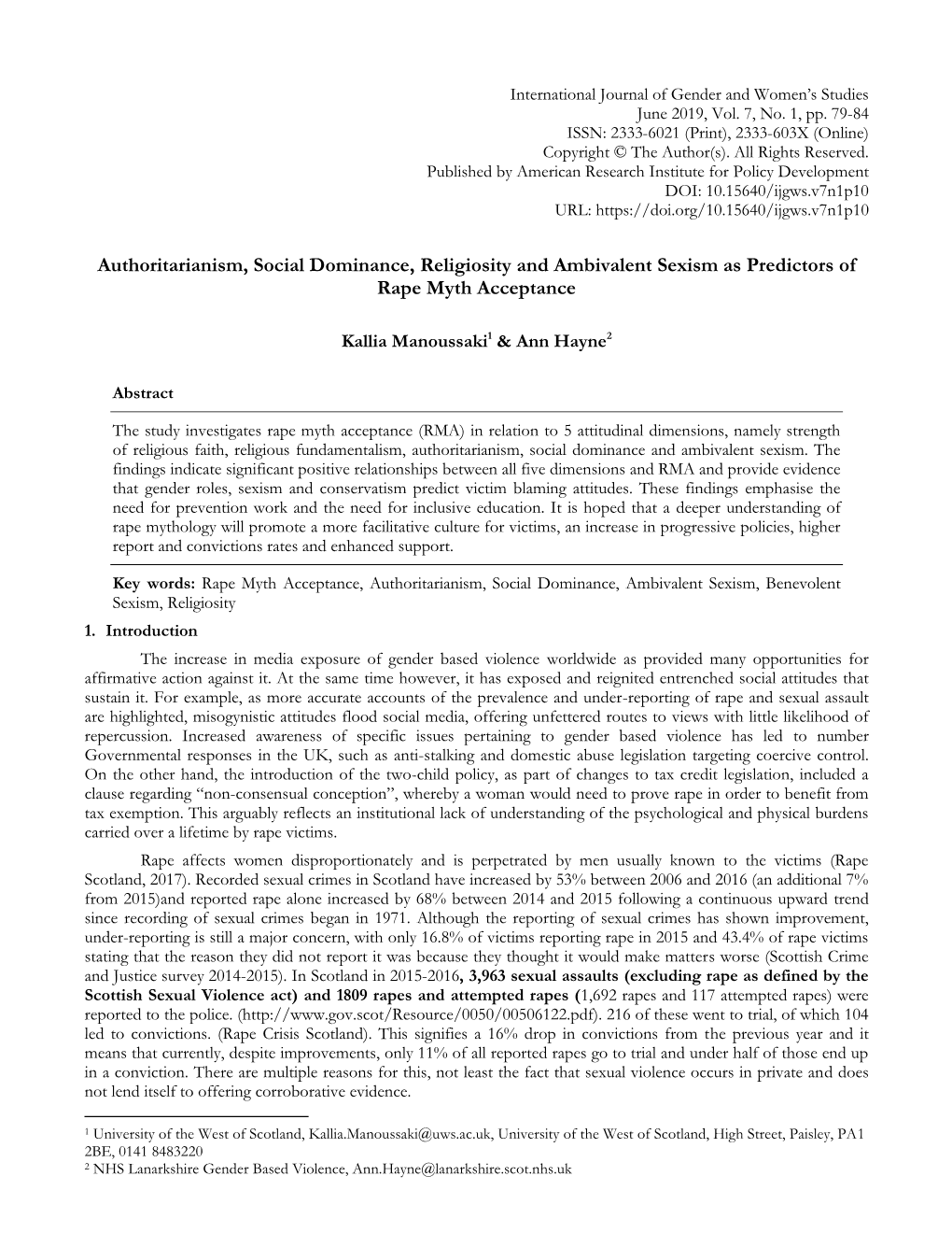 Authoritarianism, Social Dominance, Religiosity and Ambivalent Sexism As Predictors of Rape Myth Acceptance