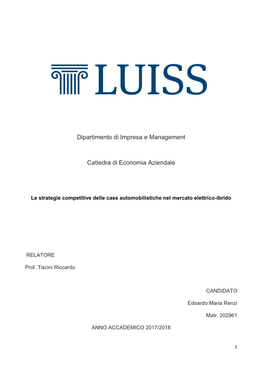 Dipartimento Di Impresa E Management Cattedra Di Economia