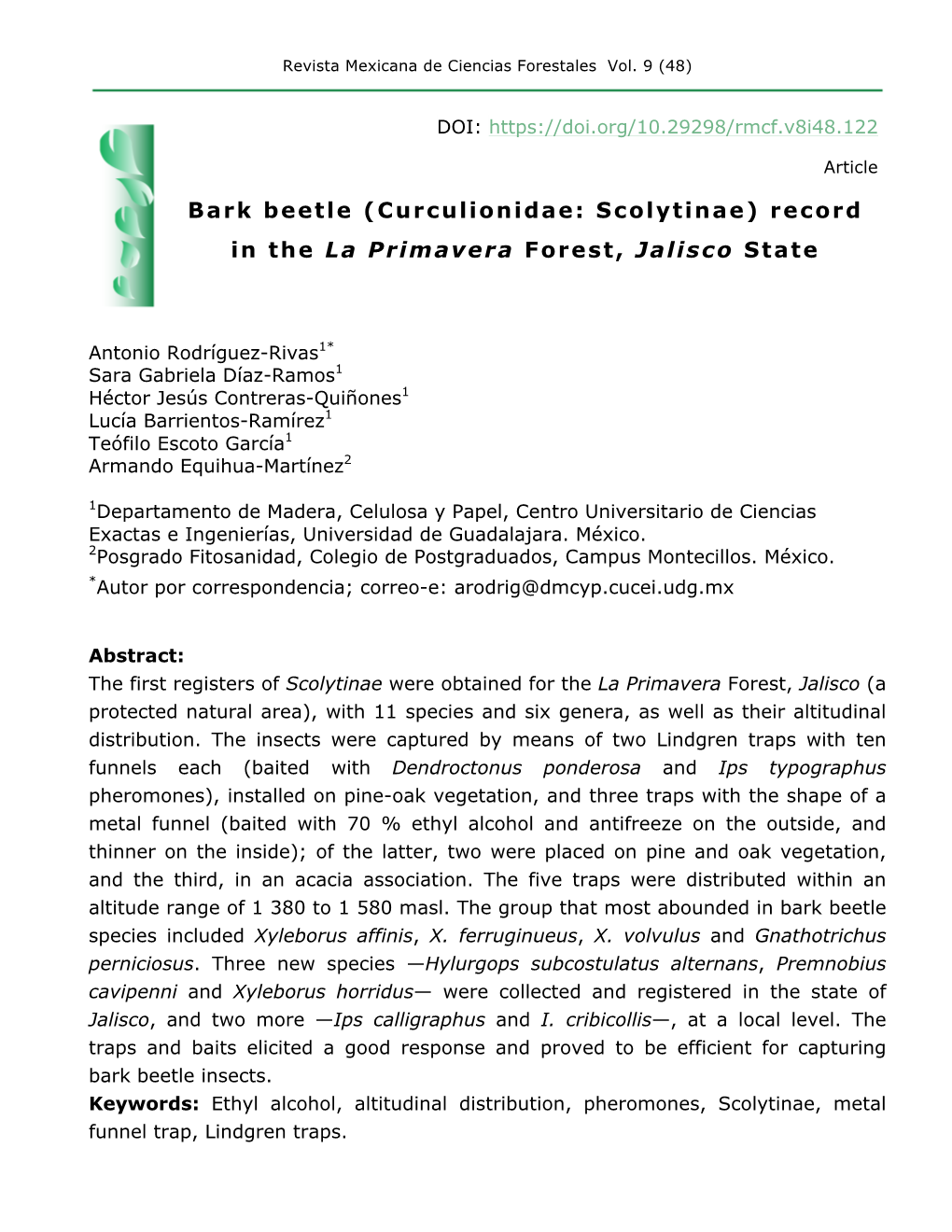 Bark Beetle (Curculionidae: Scolytinae) Record in the La Primavera Forest, Jalisco State