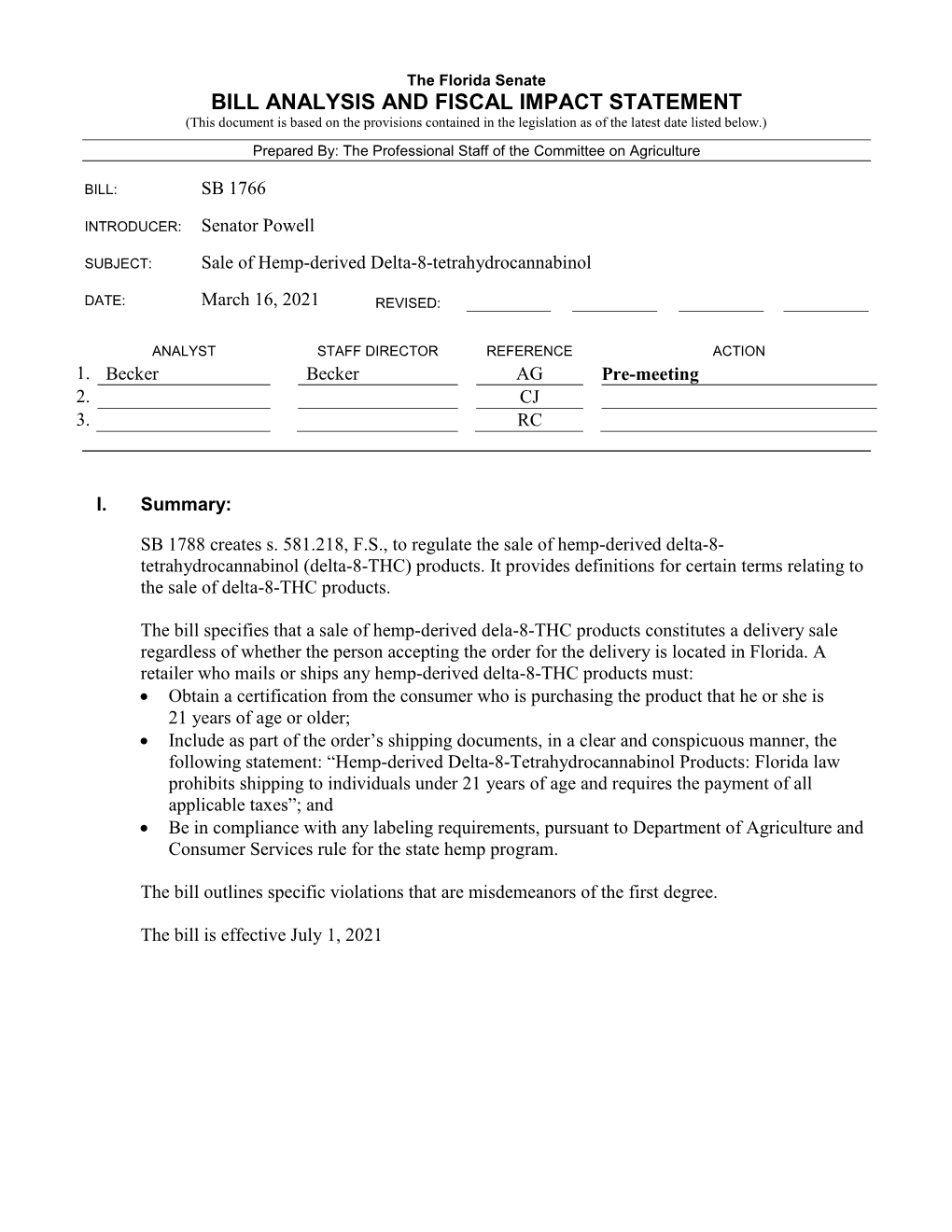 Bill Analysis and Fiscal Impact Statement