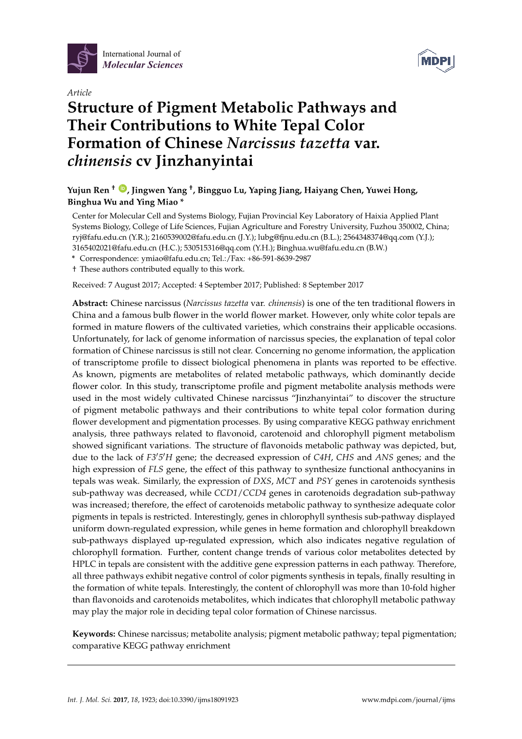 Structure of Pigment Metabolic Pathways and Their Contributions to White Tepal Color Formation of Chinese Narcissus Tazetta Var