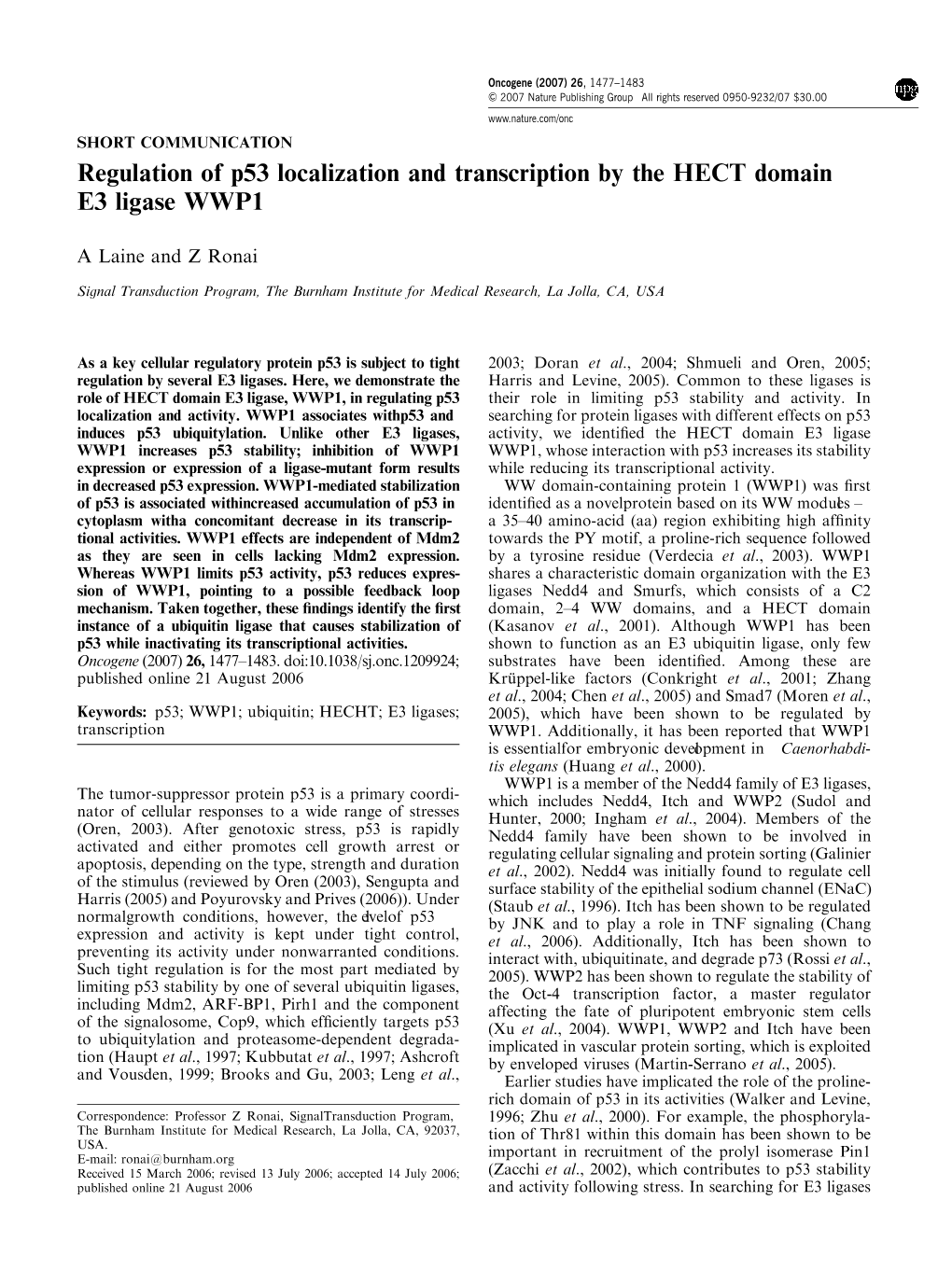 Regulation of P53 Localization and Transcription by the HECT Domain E3 Ligase WWP1