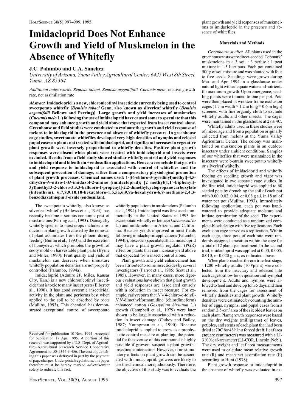 Imidacloprid Does Not Enhance Growth and Yield of Muskmelon In