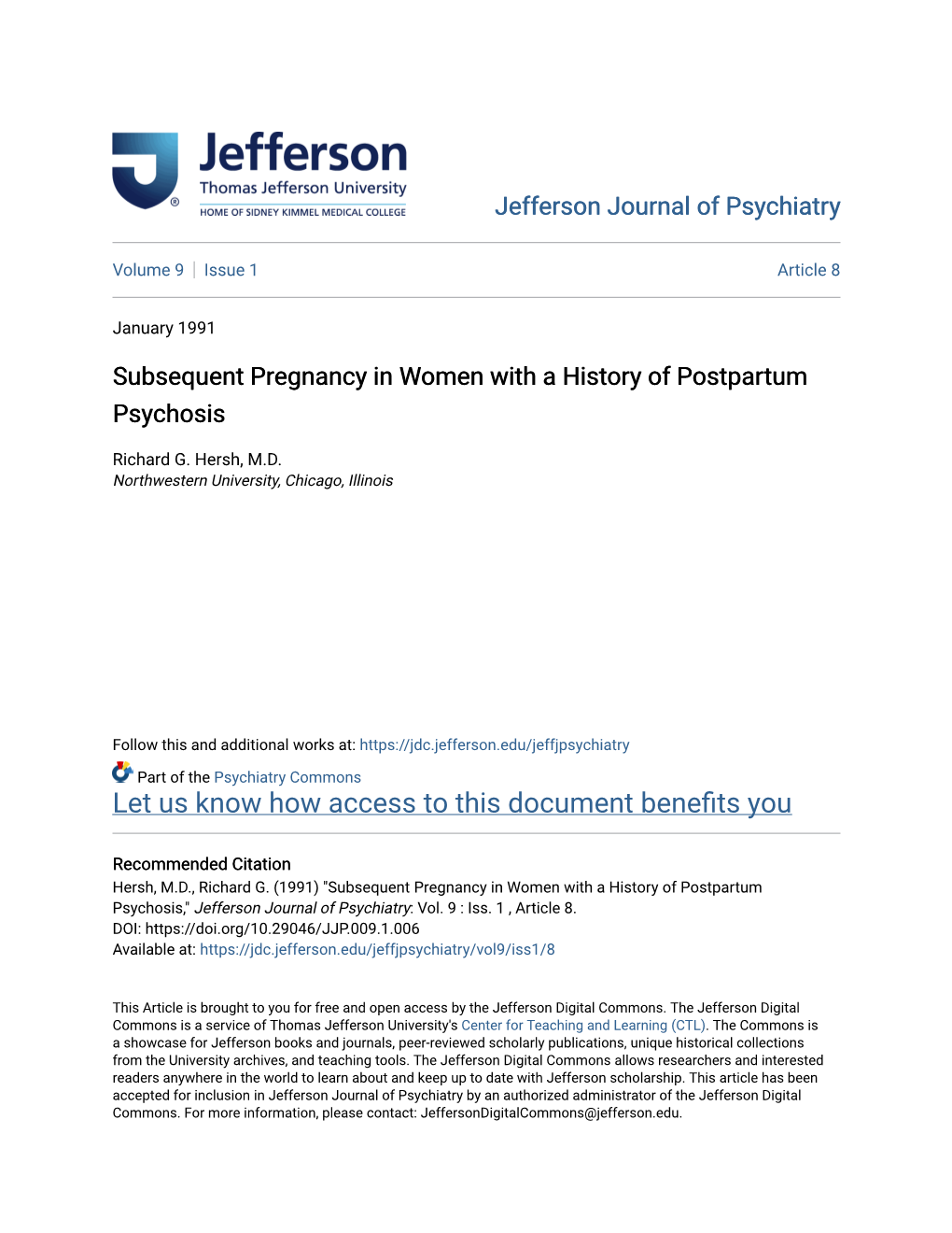 Subsequent Pregnancy in Women with a History of Postpartum Psychosis