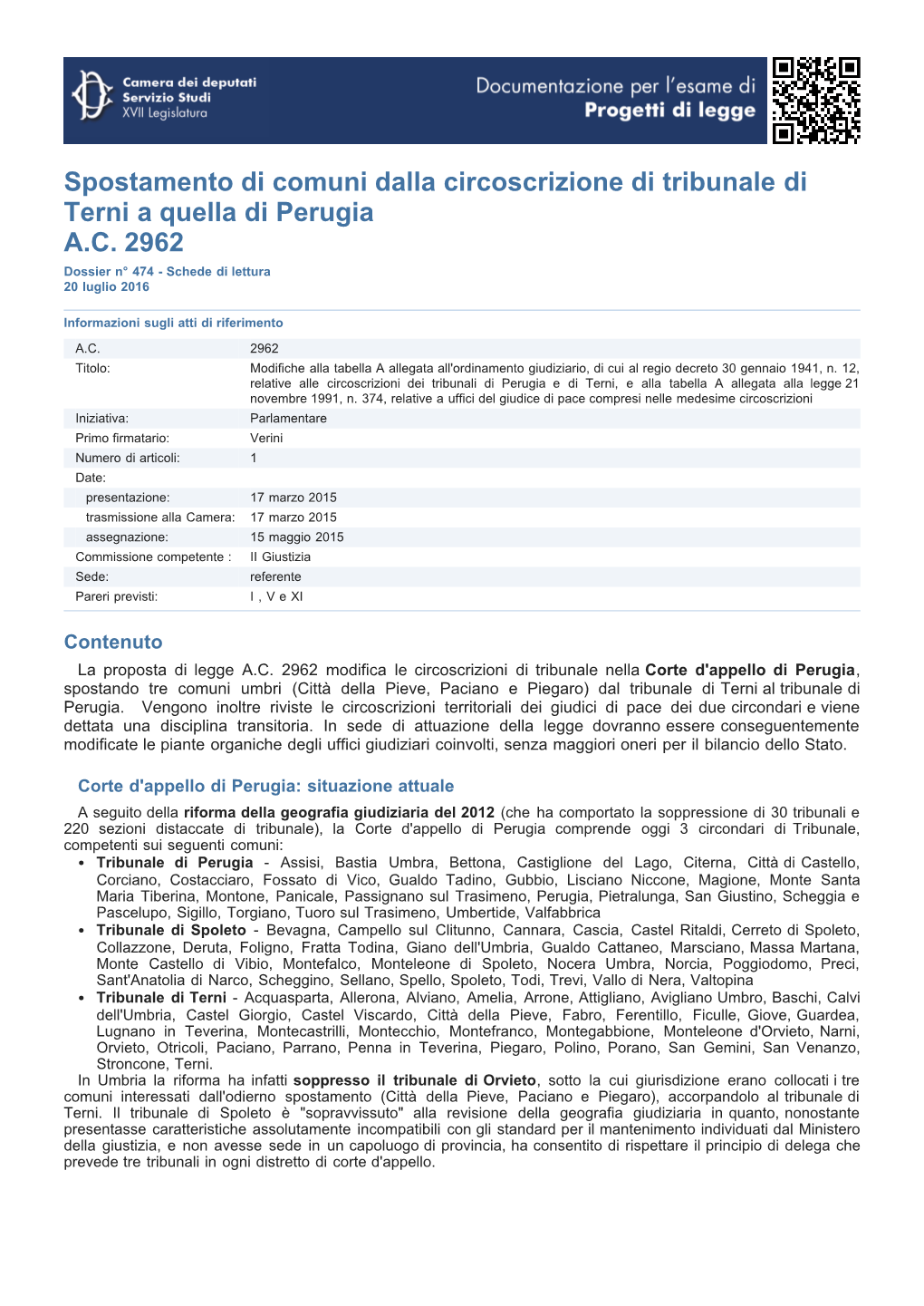 Spostamento Di Comuni Dalla Circoscrizione Di Tribunale Di Terni a Quella Di Perugia A.C