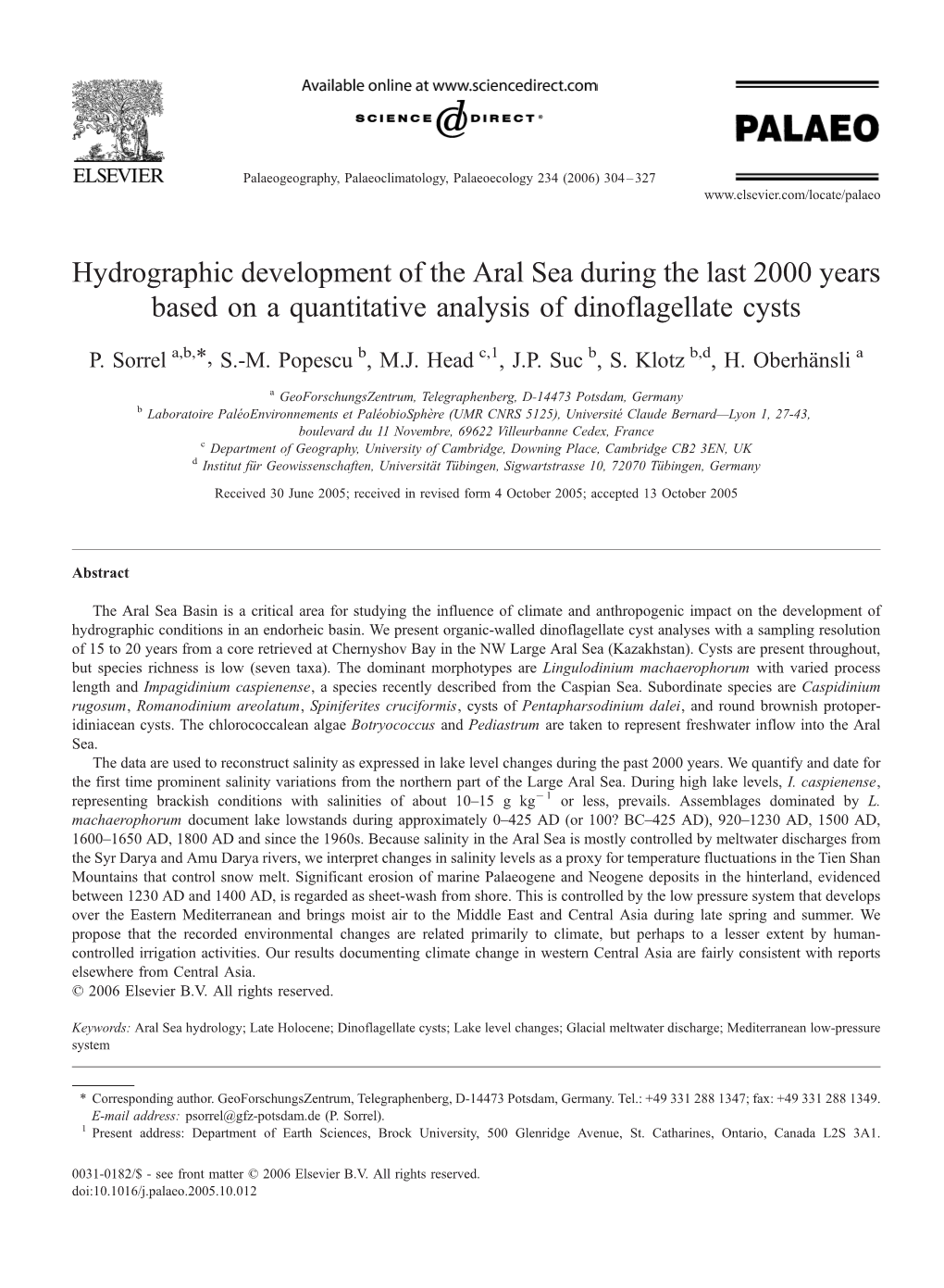 Hydrographic Development of the Aral Sea During the Last 2000 Years Based on a Quantitative Analysis of Dinoflagellate Cysts