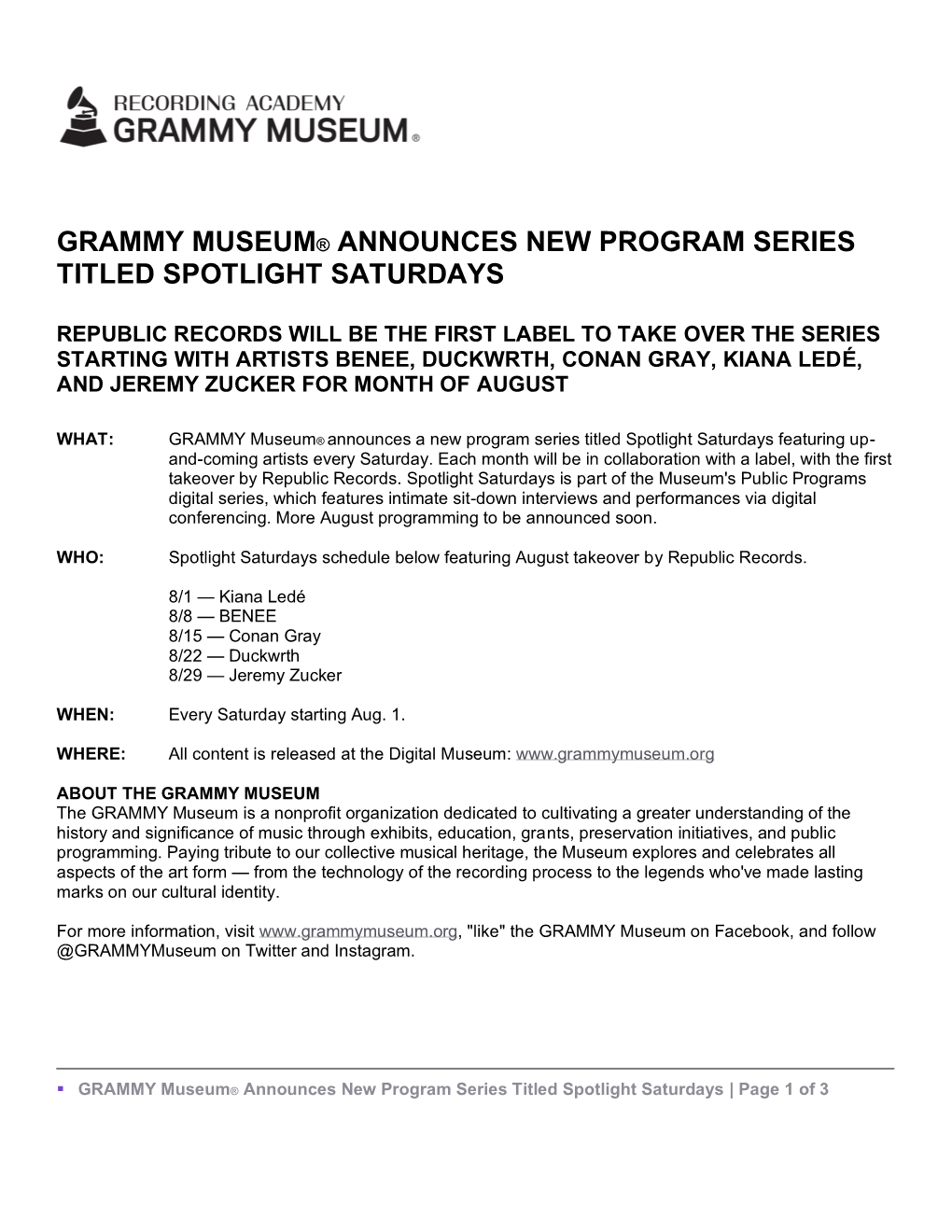 Grammy Museum® Announces New Program Series Titled Spotlight Saturdays