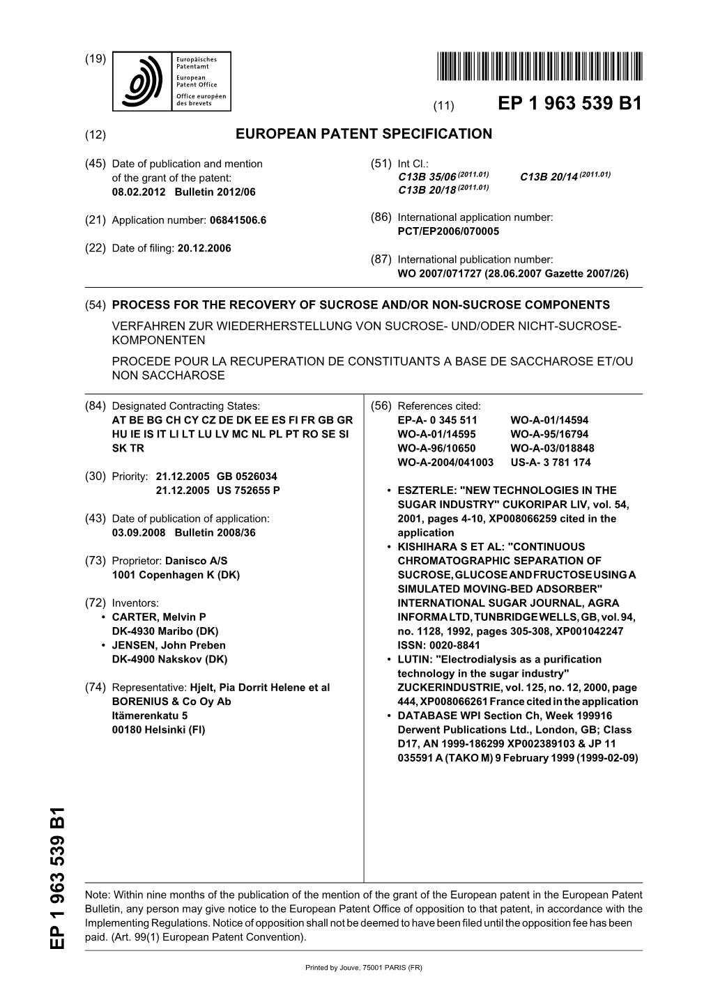 Process for the Recovery of Sucrose And/Or Non-Sucrose Components