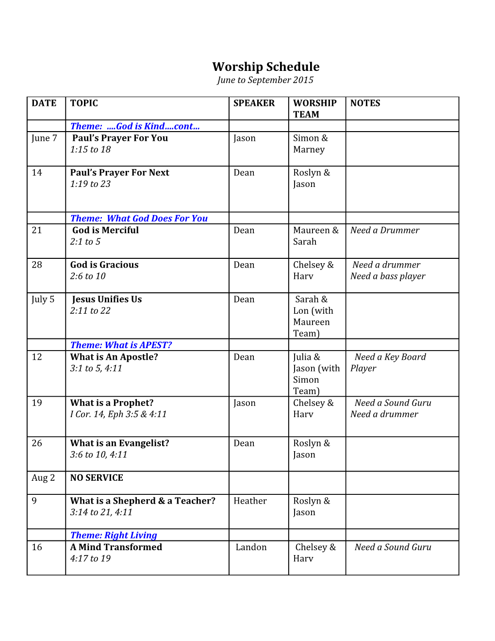 Worship Schedule