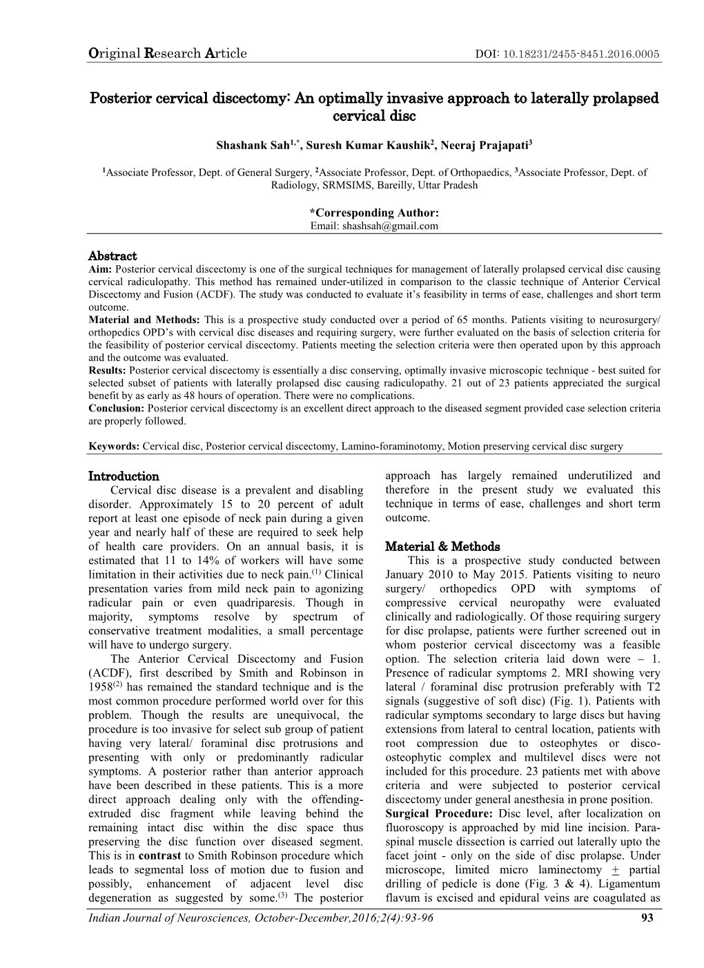 Posterior Cervical Discectomy: an Optimally Invasive Approach to Laterally Prolapsed Cervical Disc