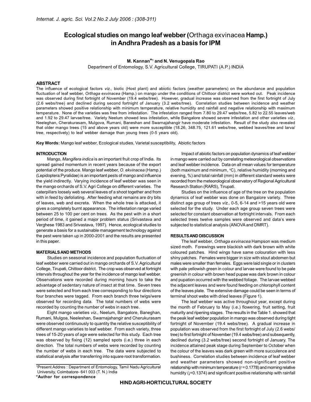 Ecological Studies on Mango Leaf Webber (Orthaga Exvinaceahamp.)