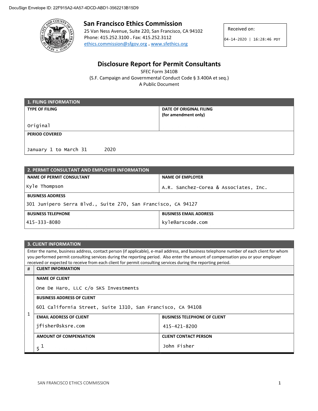 San Francisco Ethics Commission Disclosure Report for Permit