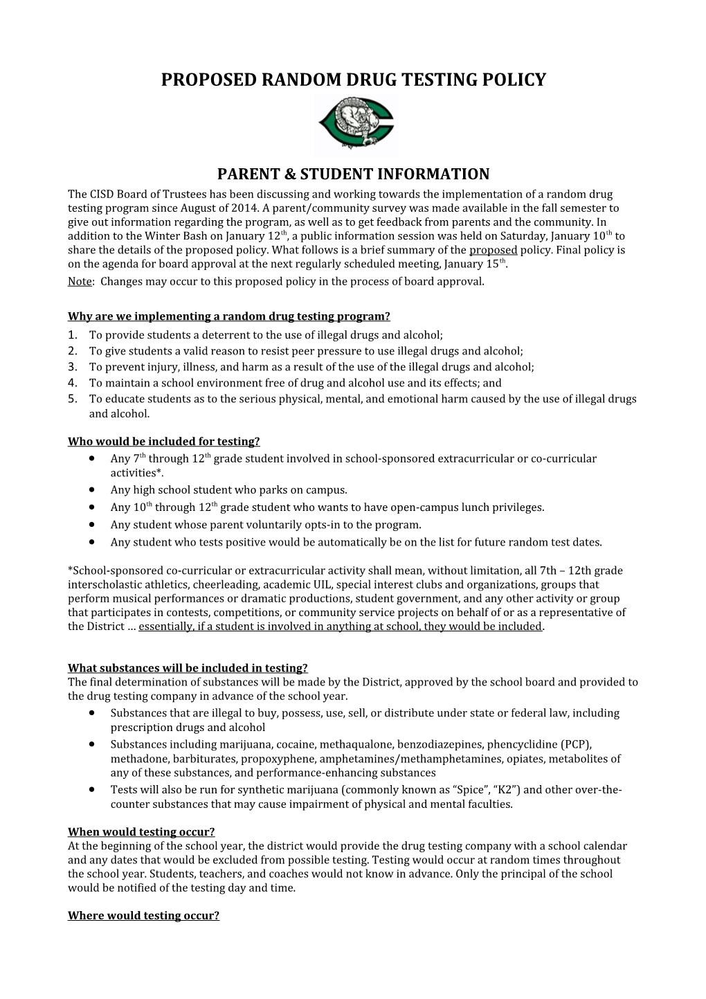 Proposed Random Drug Testing Policy