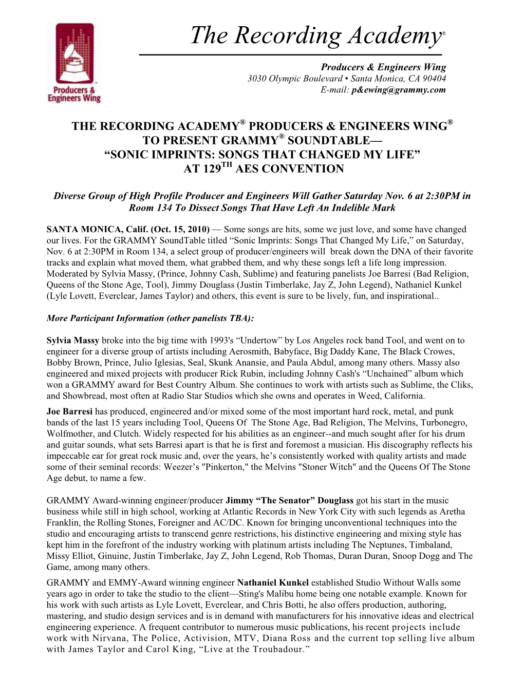 The Recording Academy® Producers & Engineers Wing® to Present Grammy® Soundtable— “Sonic Imprints: Songs That Changed My Life” at 129Th Aes Convention