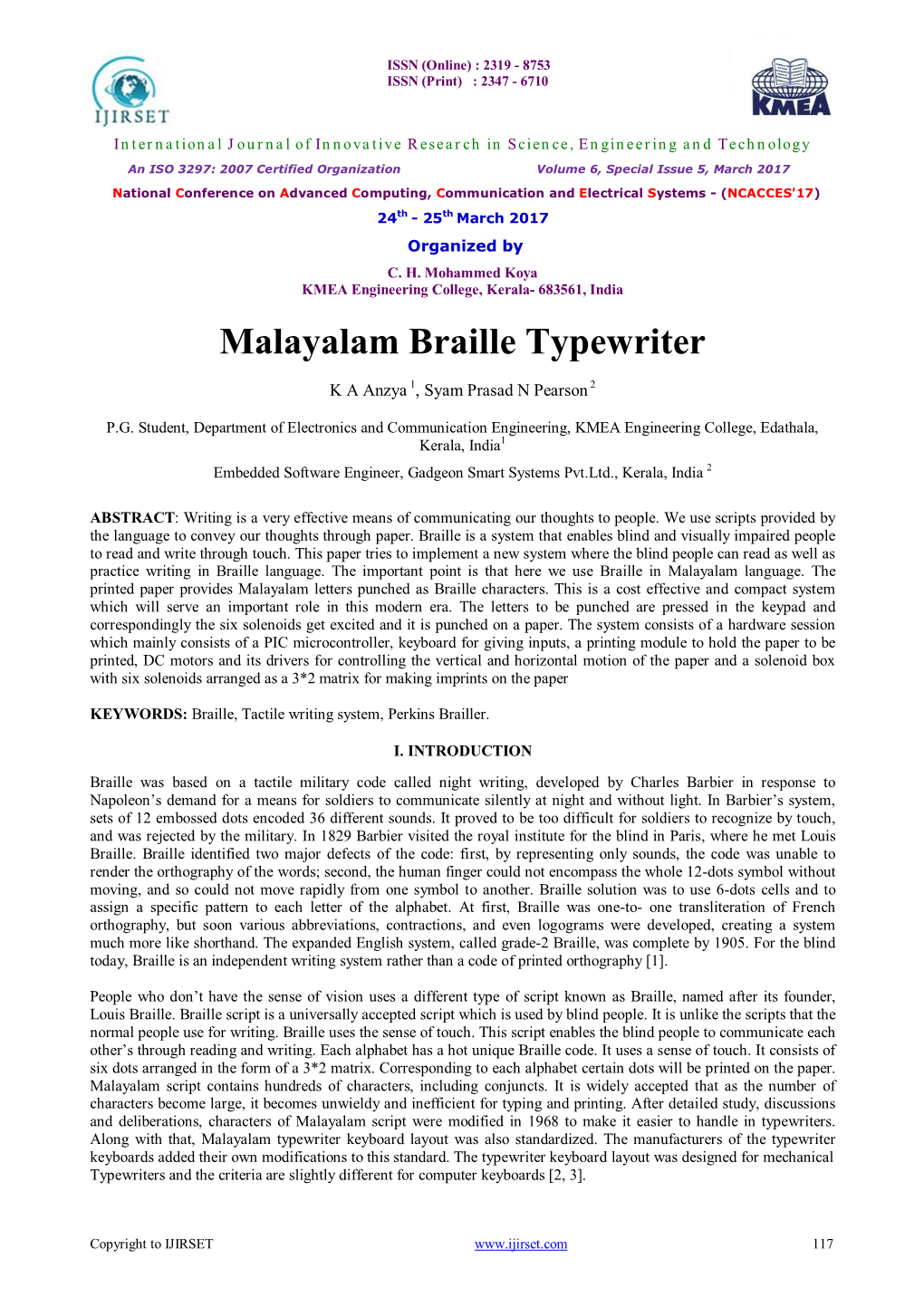 Malayalam Braille Typewriter