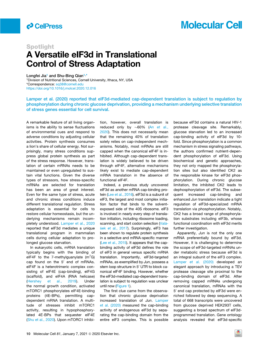 A Versatile Eif3d in Translational Control of Stress Adaptation