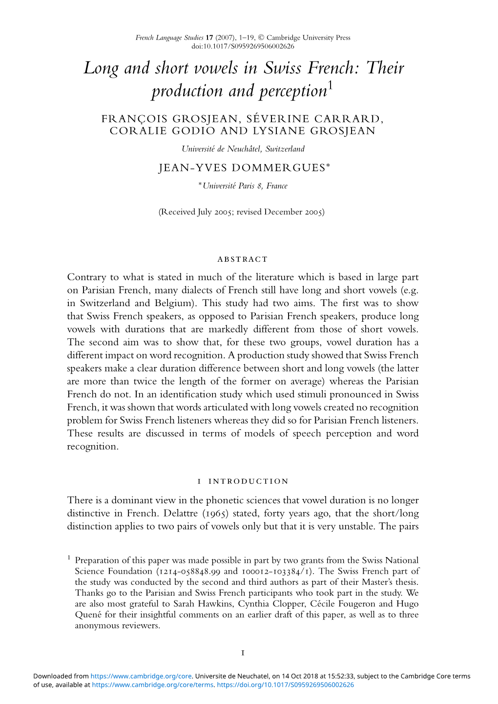 Long and Short Vowels in Swiss French: Their Production and Perception1