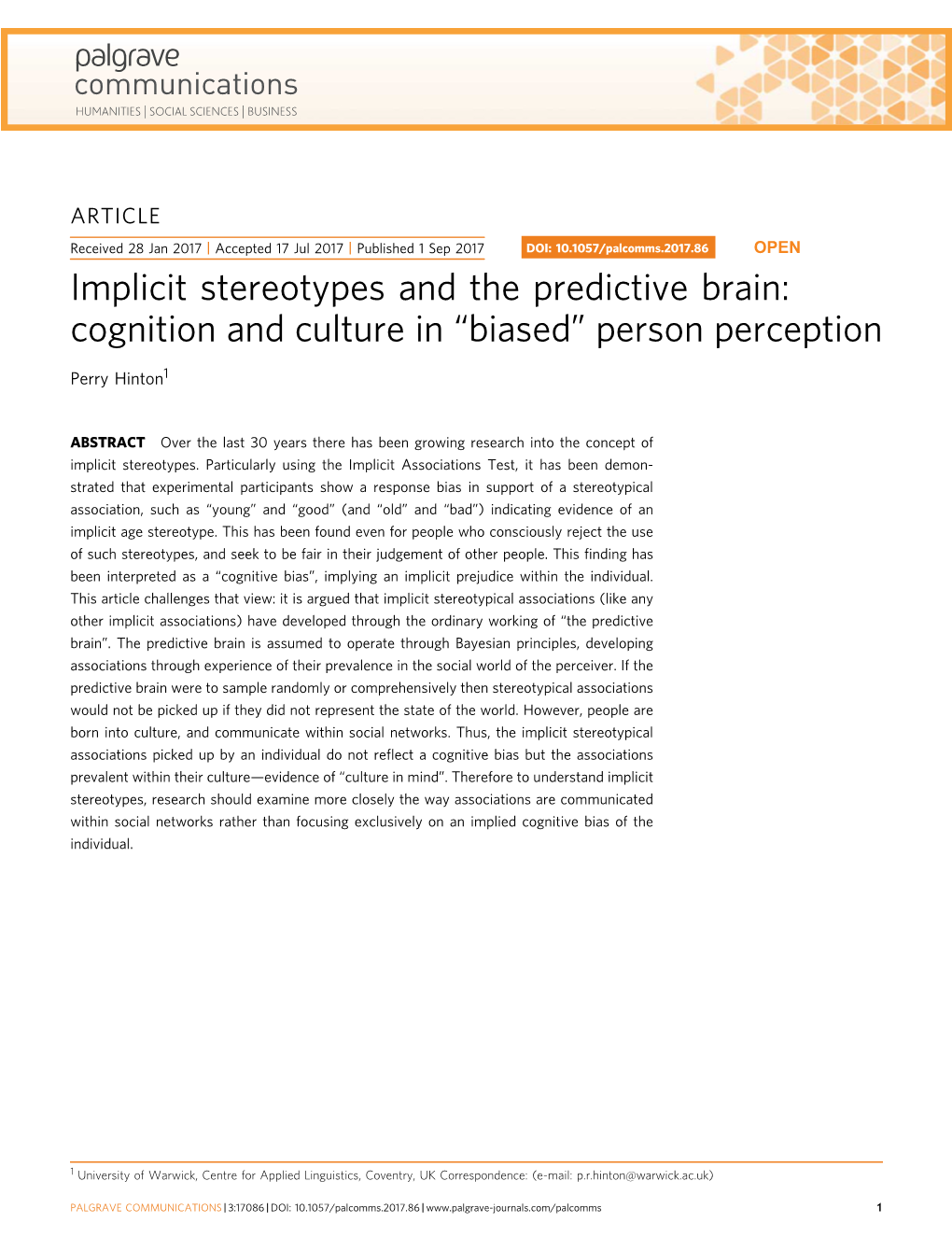 Implicit Stereotypes and the Predictive Brain: Cognition and Culture in “Biased” Person Perception