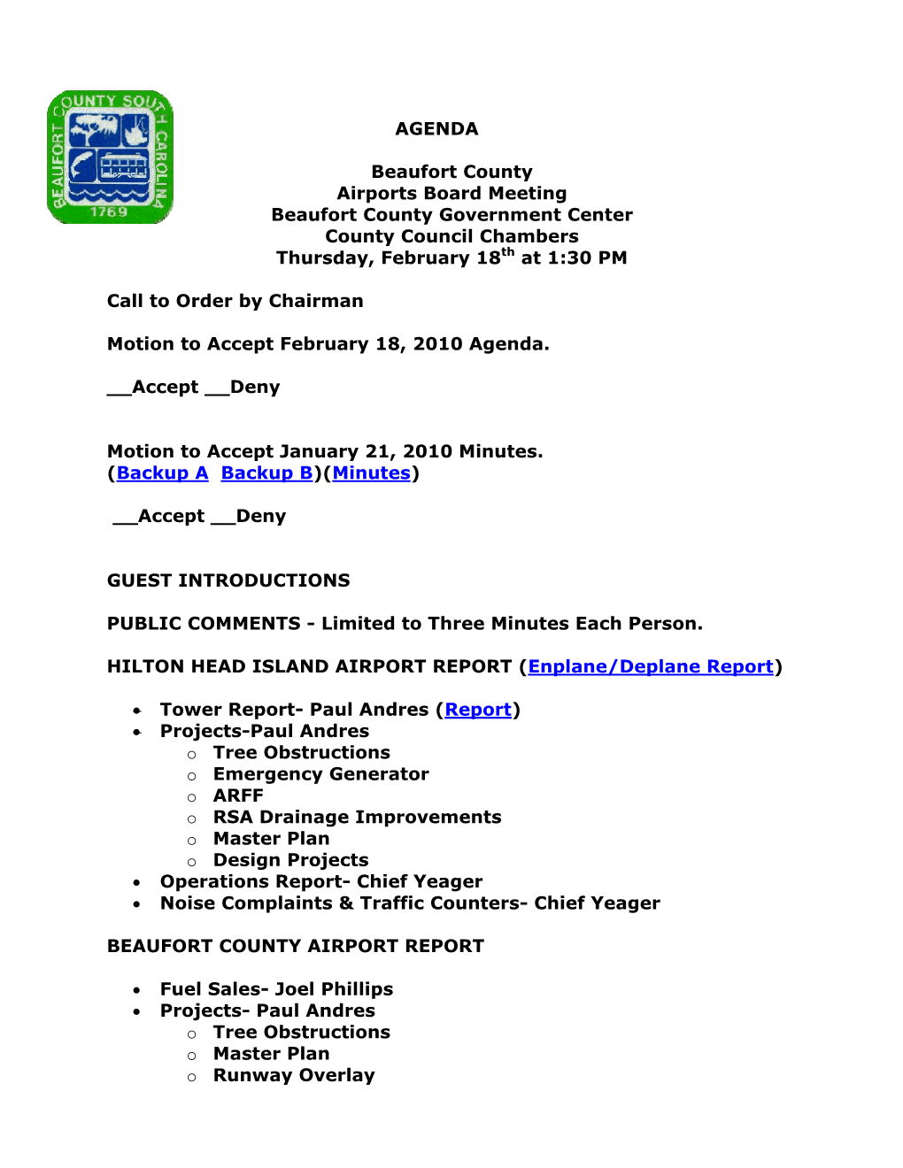 AGENDA Beaufort County Airports Board Meeting Beaufort County