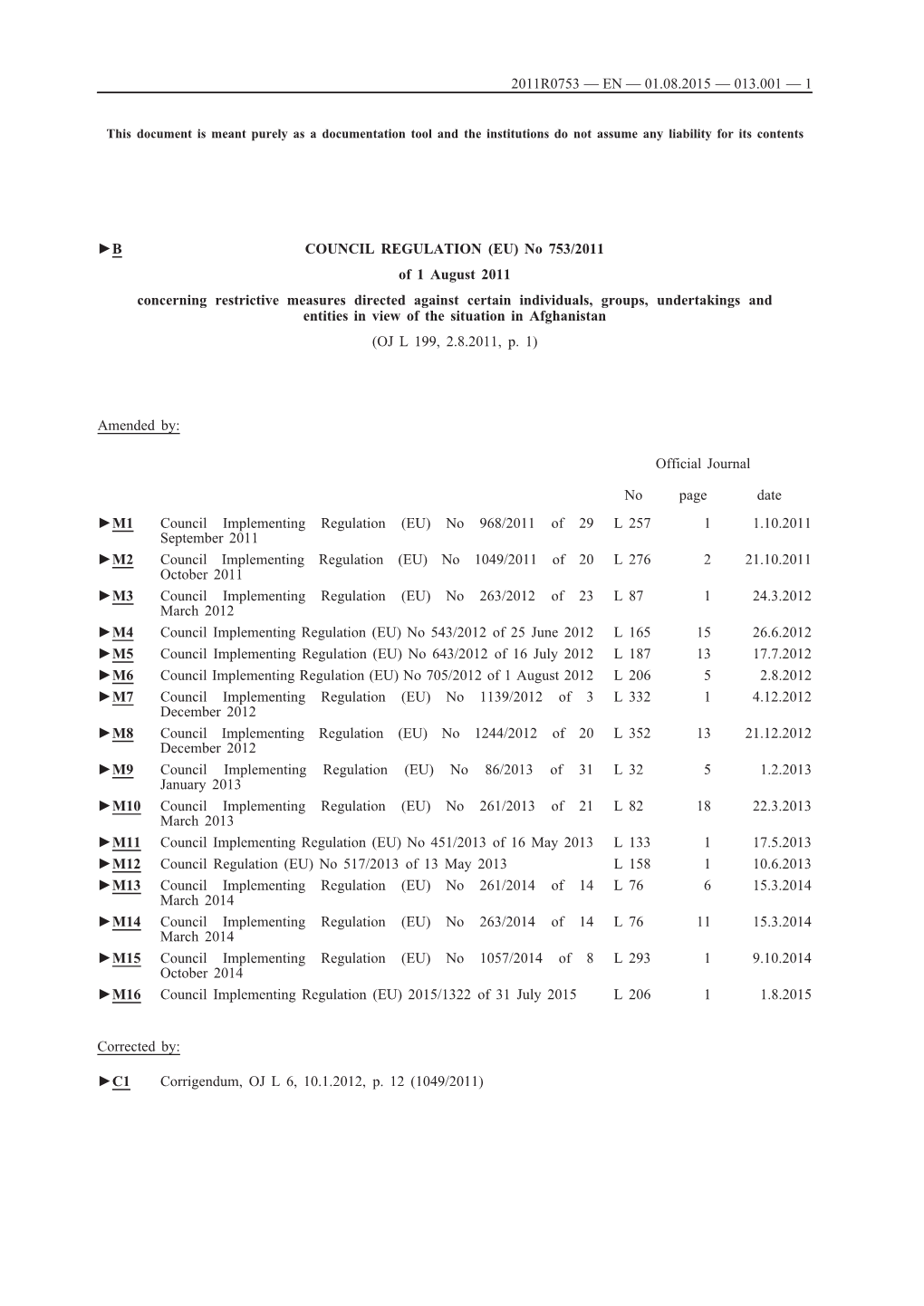 B COUNCIL REGULATION (EU) No 753/2011 of 1