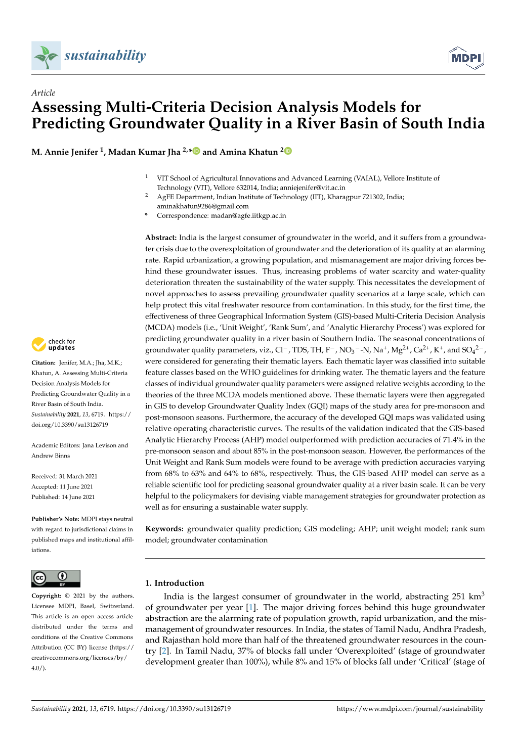 Assessing Multi-Criteria Decision Analysis Models for Predicting Groundwater Quality in a River Basin of South India