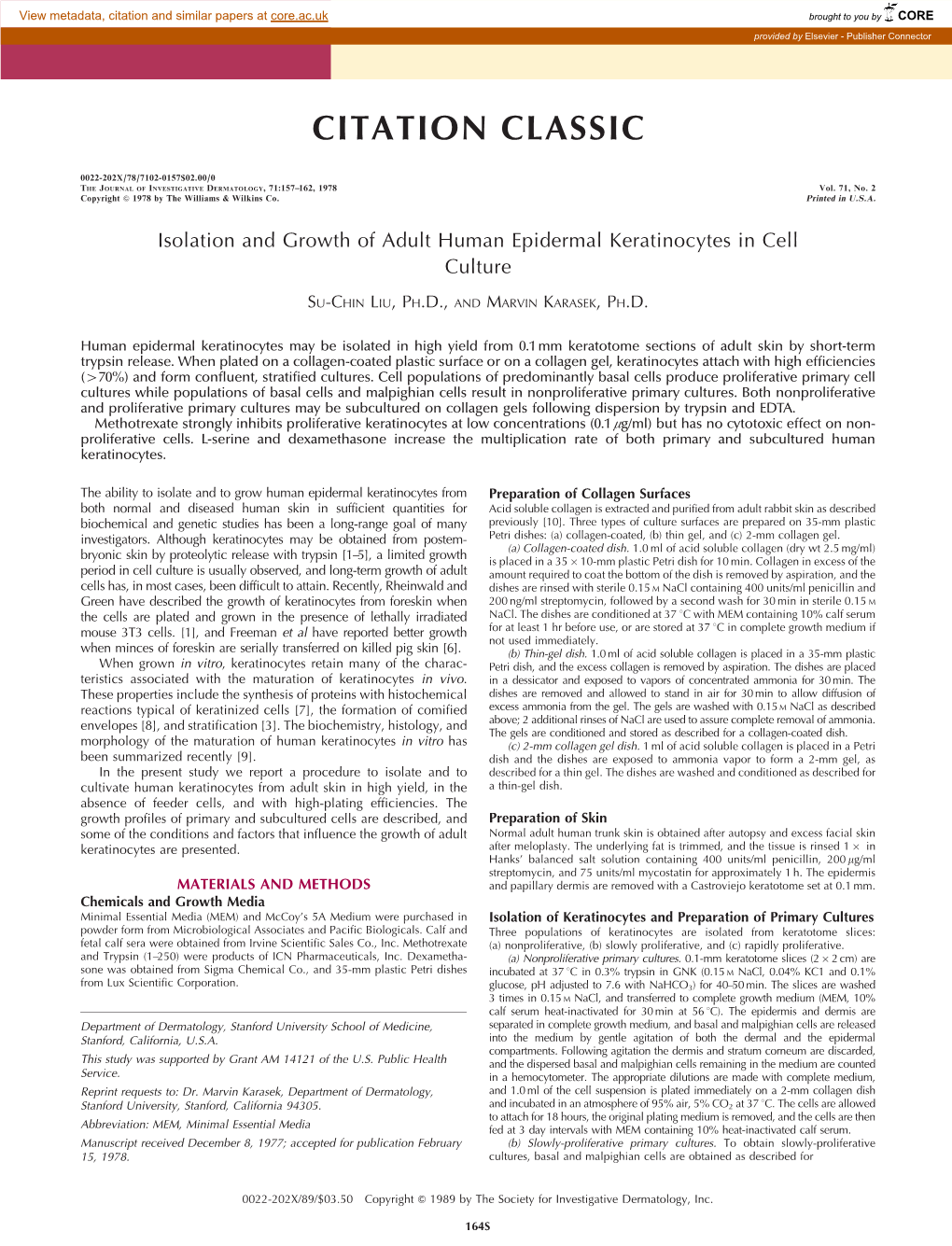 Isolation and Growth of Adult Human Epidermal Keratinocytes in Cell Culture